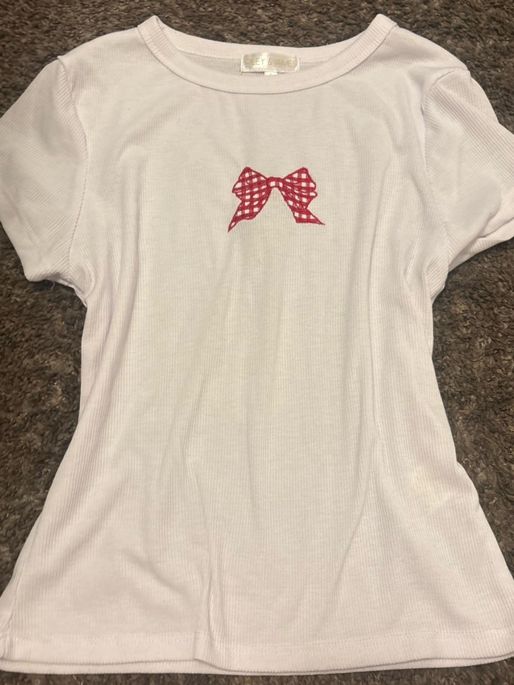 White Ribbed Short-Sleeve Tee with Red Bow Graphic